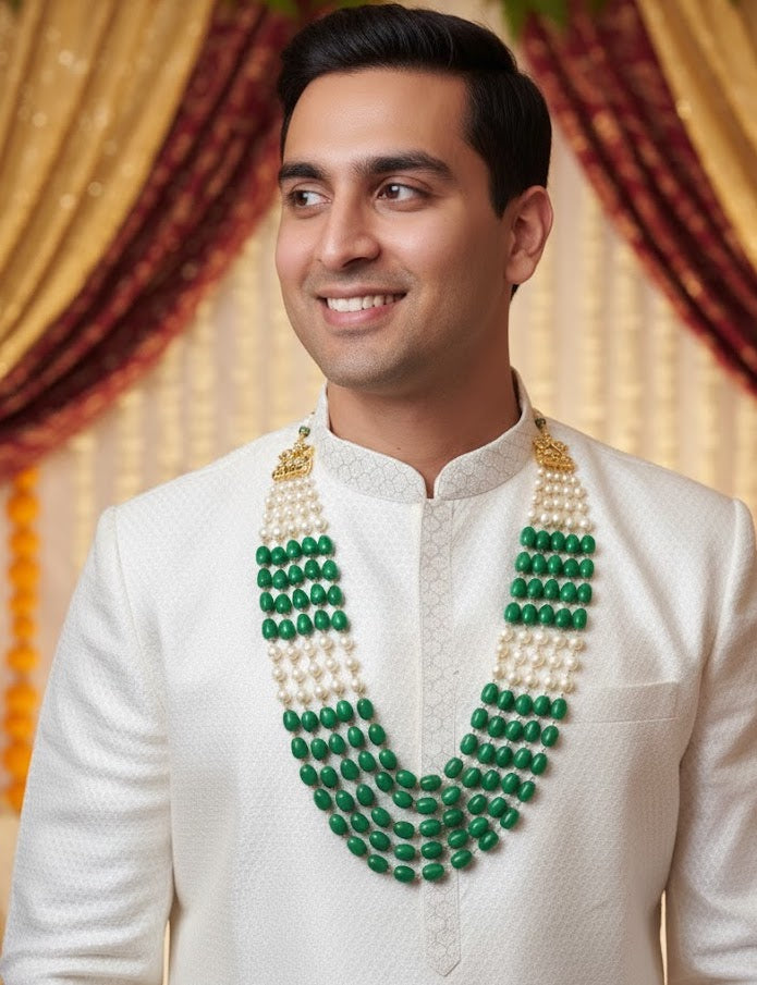 Green Stone With Pearl Long Five Layered Groom Necklace