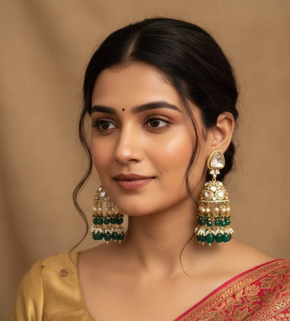 Green Stone Kundan Polki Jhumki Earrings