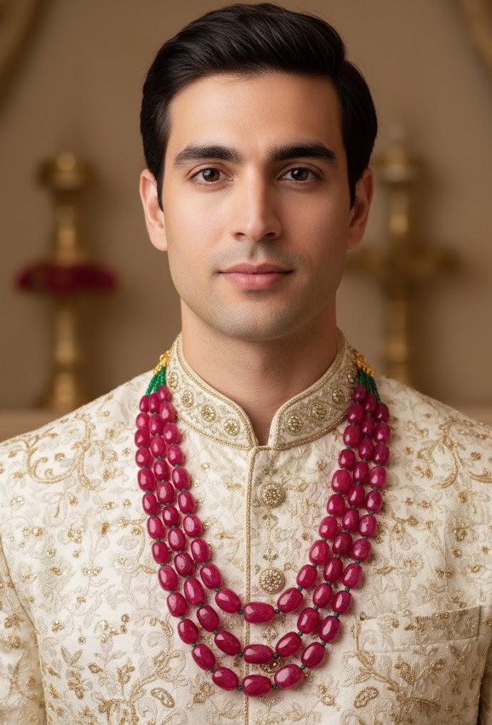 Ruby Beaded Three Layered Indian Groom Necklace For Wedding