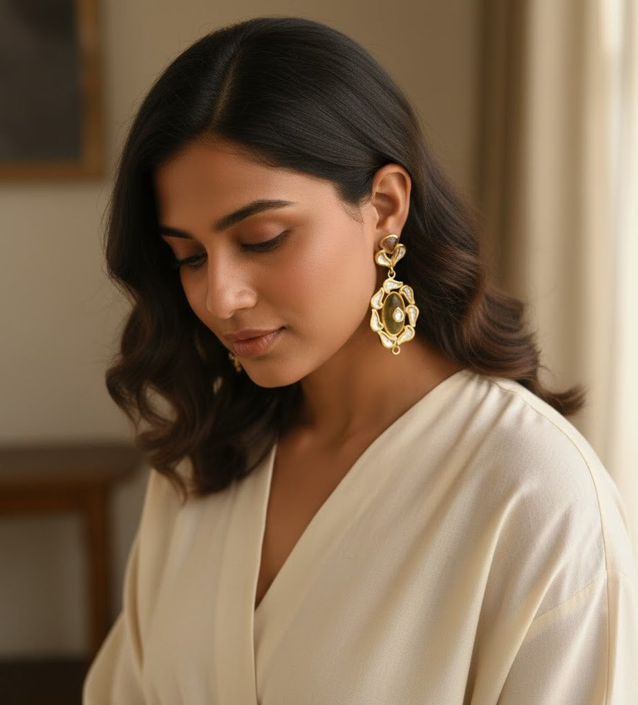 22k Gold Plated Yellow Kundan Earrings