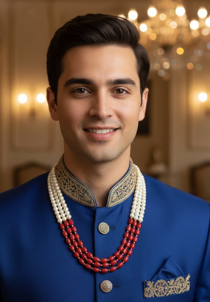 Pearl And Ruby Stone Beaded Groom Necklace