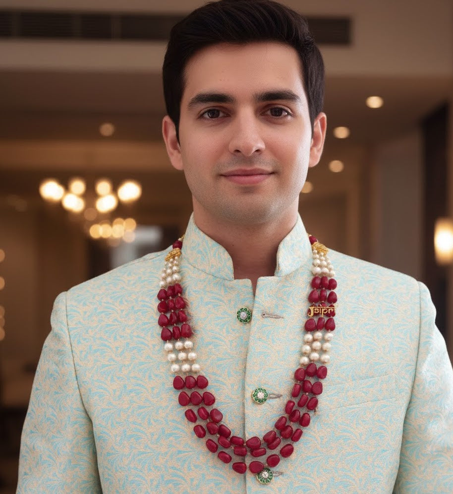 Red Stone With Pearl Groom Jewellery Set