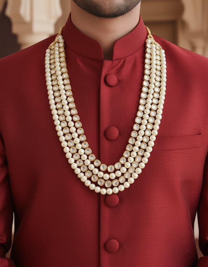 Kundan Pearl Long Wedding Groom Necklace