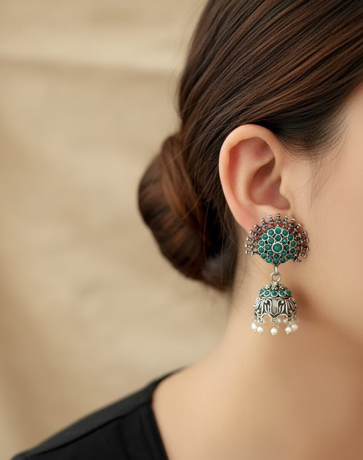 Green Oxidised Silver Earrings