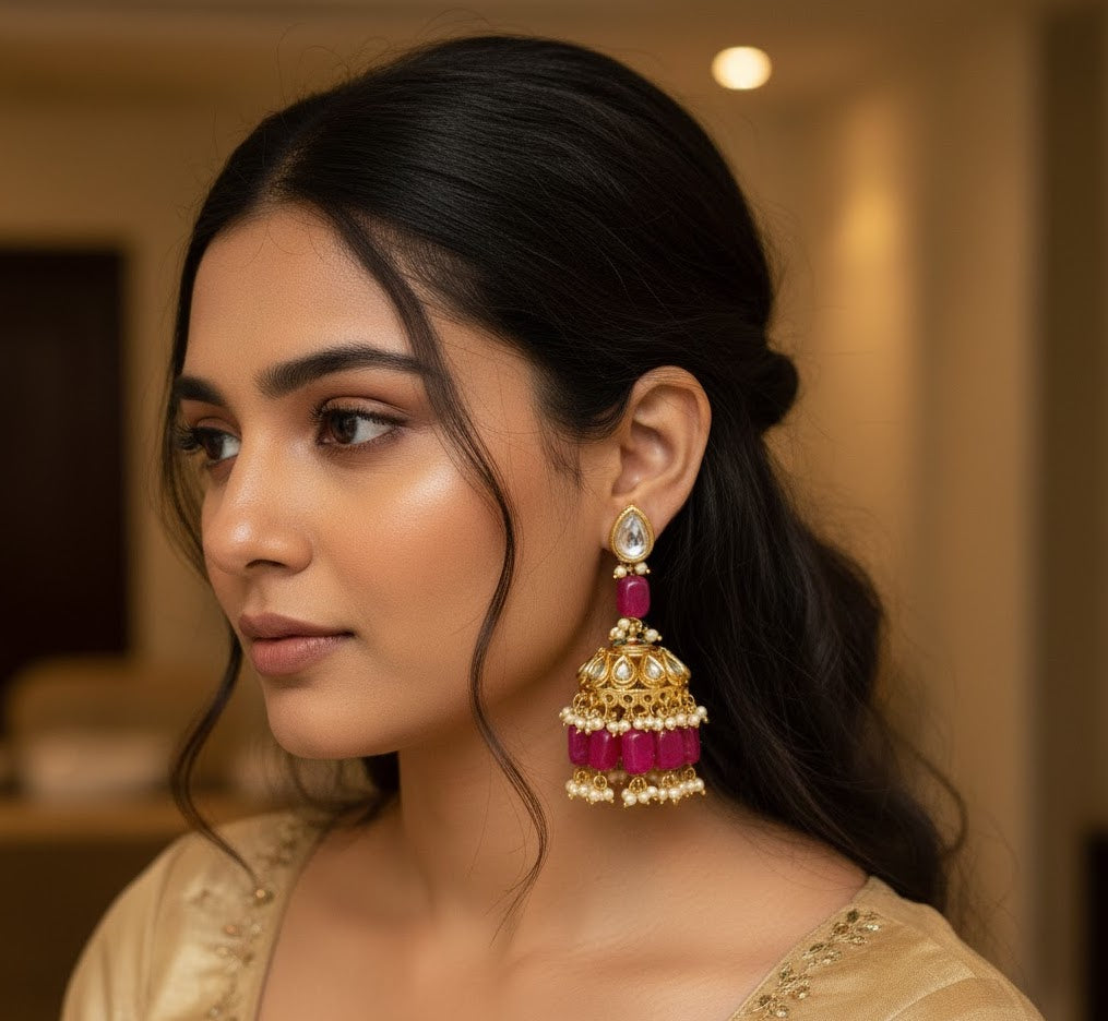 Pink Kundan Jhumka Earrings