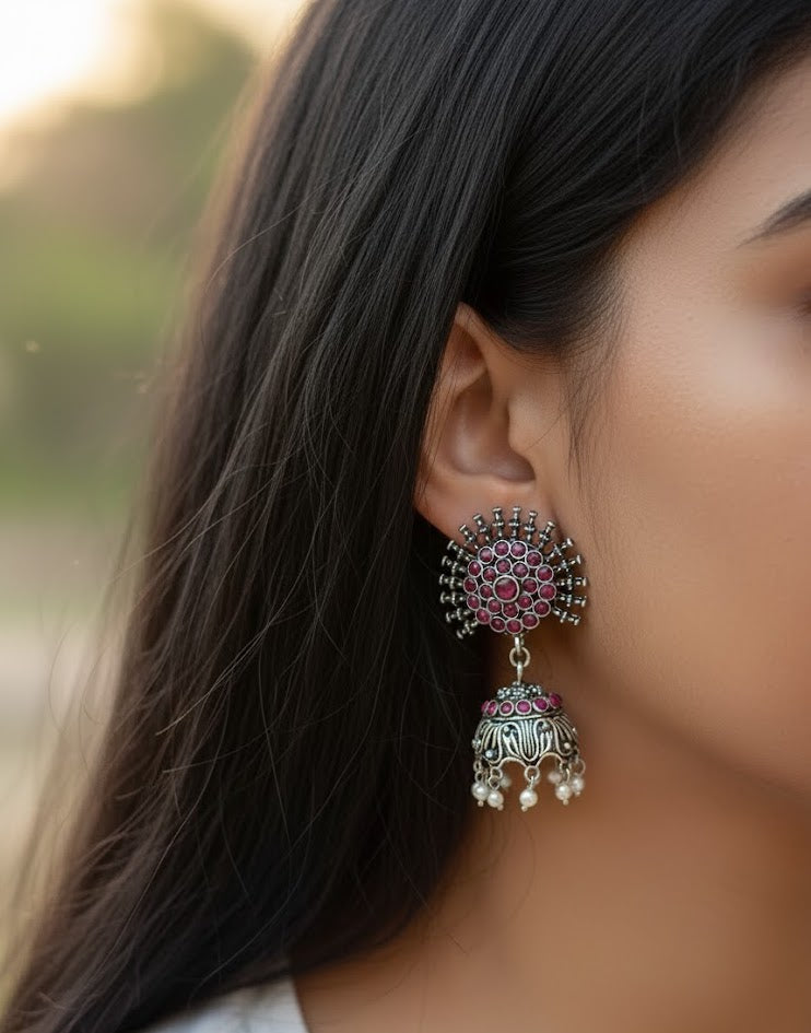 Red Stone Floral Oxidised Silver Earrings