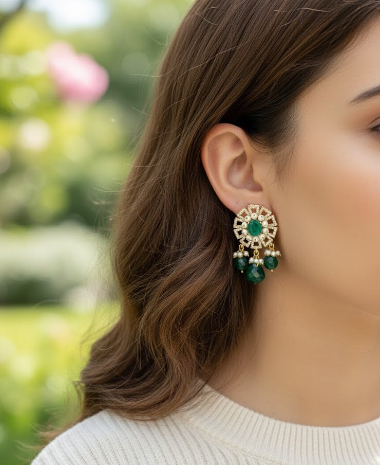 Emerald American Diamond Pearl Stud Earrings