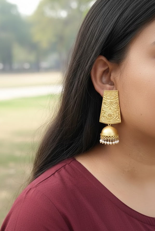Floral Engraved Matte Gold Jhumki Earrings