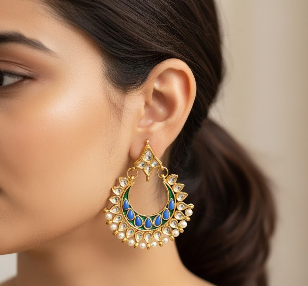 Blue Stone Kundan Chandbali Earrings