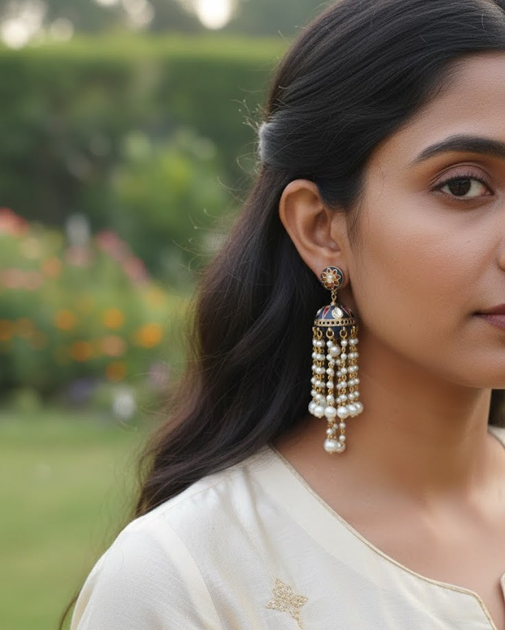 Dark Blue Meenakari Pearl Jhumki Earrings