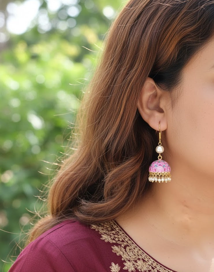 Pink Handpainted Jhumki Earrings