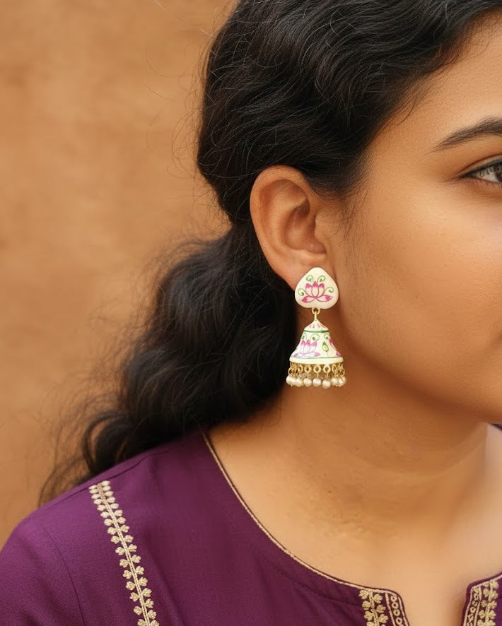 White Lotus Handpainted Jhumki Earrings