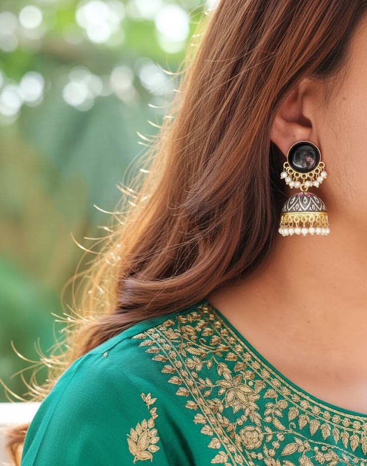 Black Stone Grey Handpainted Jhumki Earrings