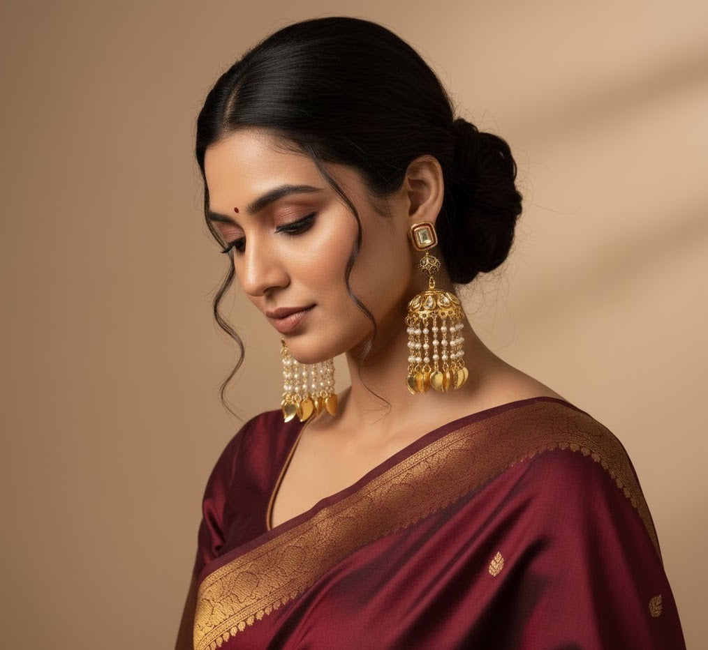 Kundan Stone Pearl Jhumka Earrings