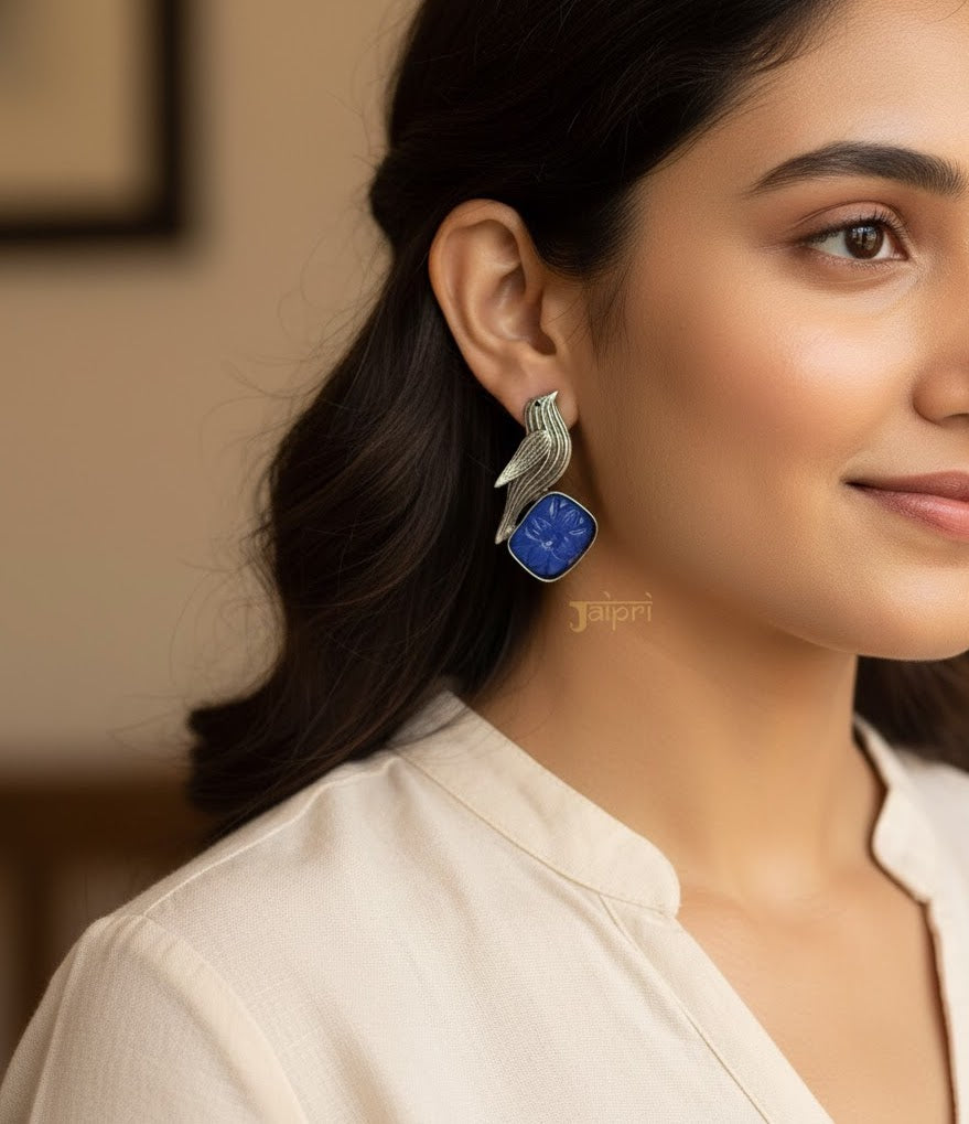 Blue Stone Bird Oxidised Earrings