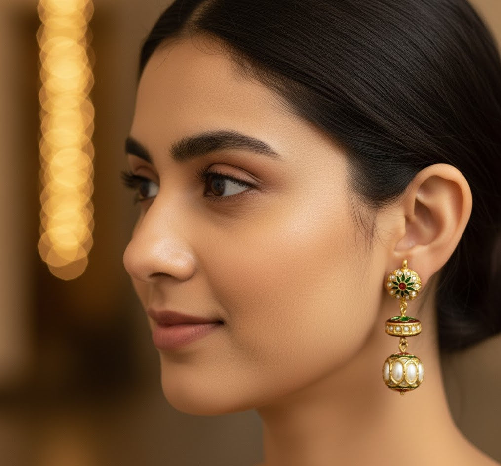 Real Pearl Beaded Jadau Earrings