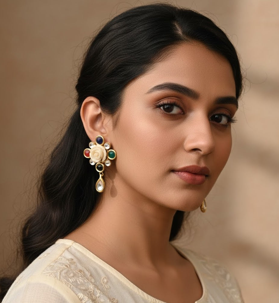 22k Gold Plated White Rose Kundan Earrings