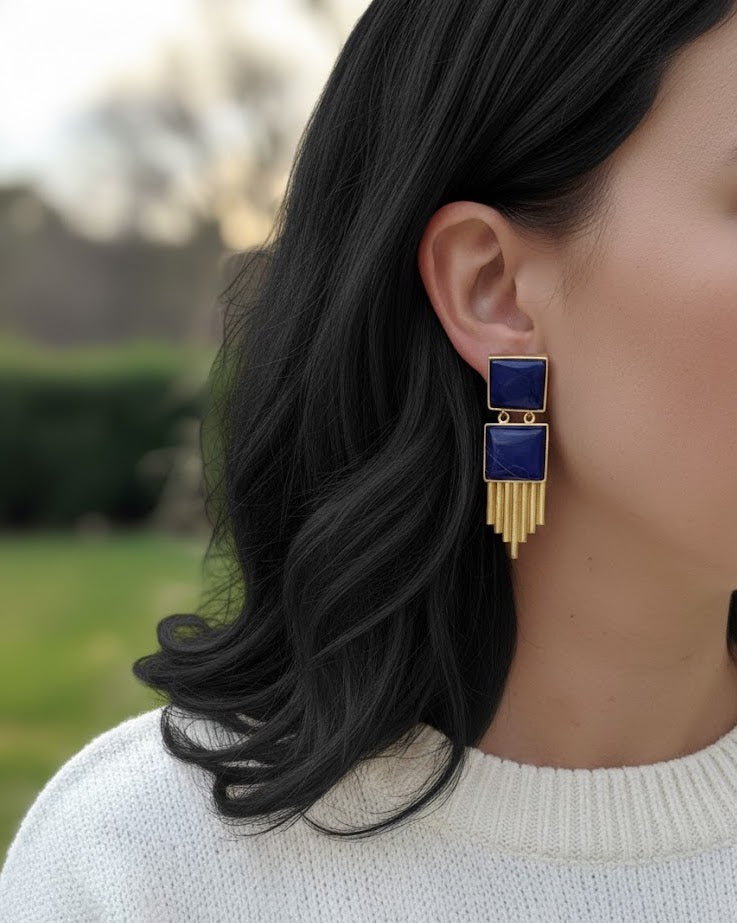 Dark Blue Stone Gold Matte Earrings