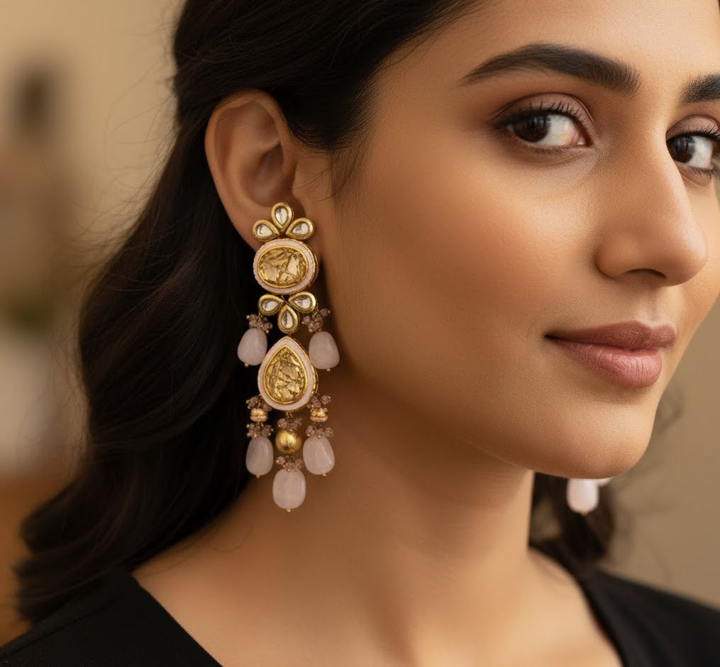 Pink Kundan Meenakari Long Earrings
