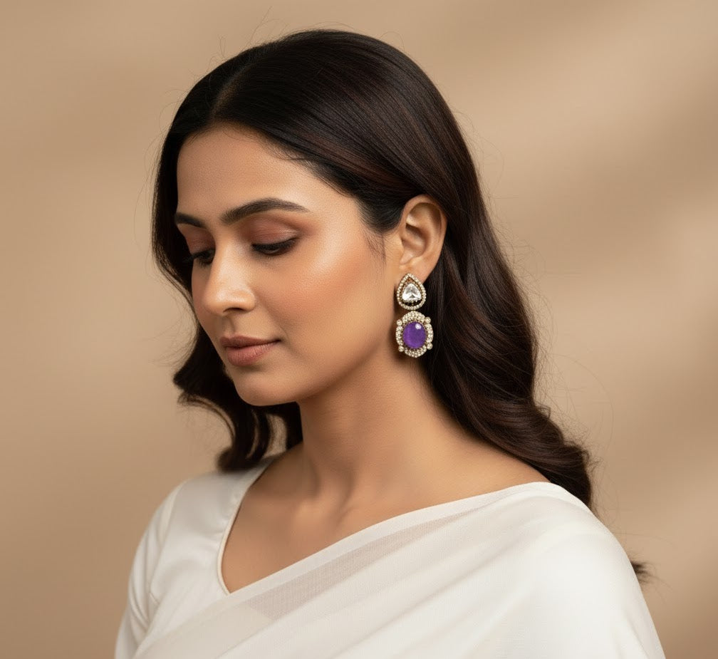 Purple Stone Kundan Small Earrings
