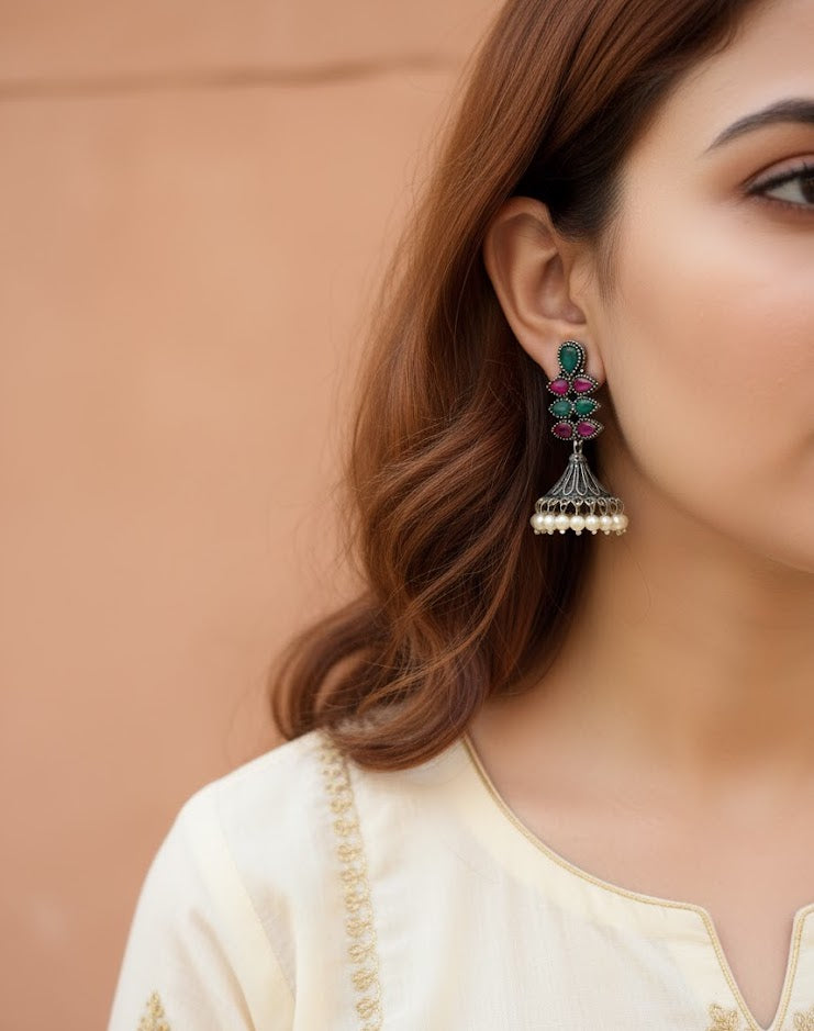 Red Green Oxidised Jhumki