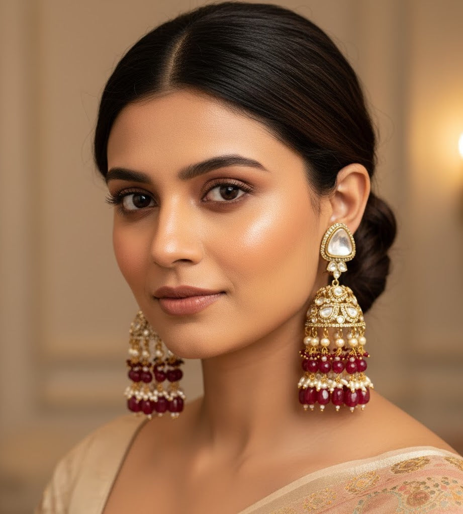 Ruby Stone Kundan Polki Jhumki Earrings
