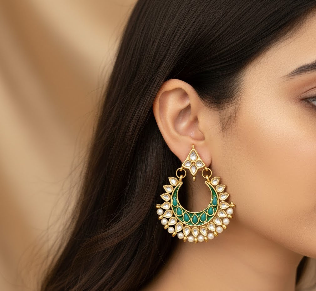 Green Stone Kundan Chandbali Earrings