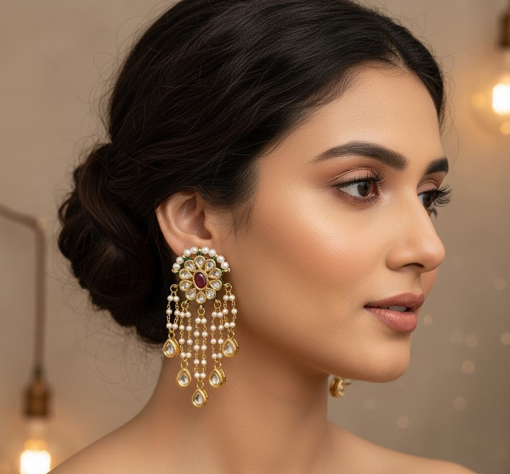 Pearl Beaded Drop Kundan Earrings