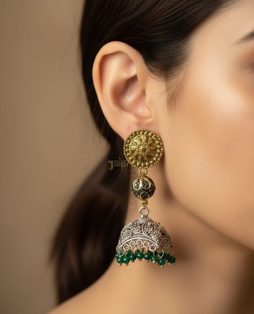 Zircon Stone Dual Tone Oxidised Jhumki Earrings