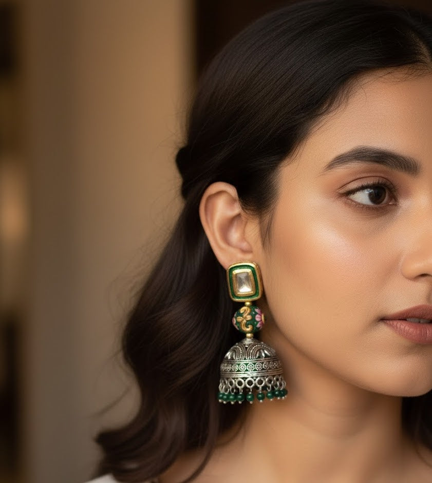 Green Meenakari Oxidised Jhumki Earrings