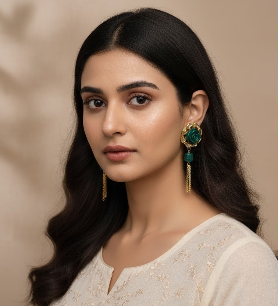 22k Gold Plated Green Rose Kundan Tassel Earrings