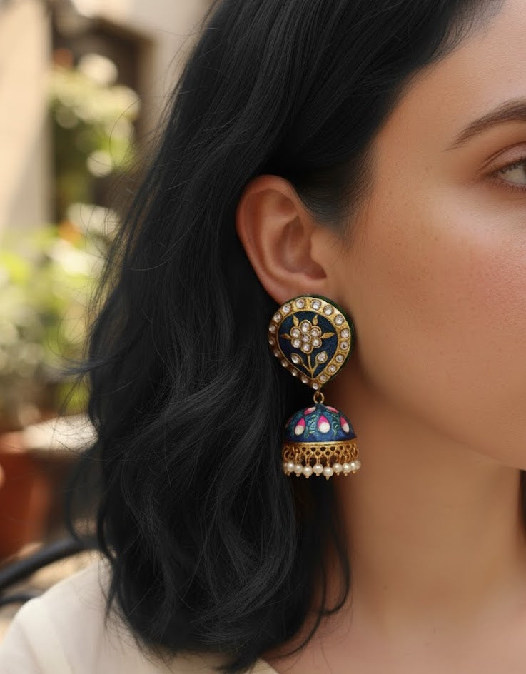 Dark Blue Handpainted Kundan Jhumki Earrings