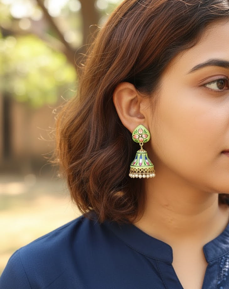 Green Handpainted Jhumki Earrings