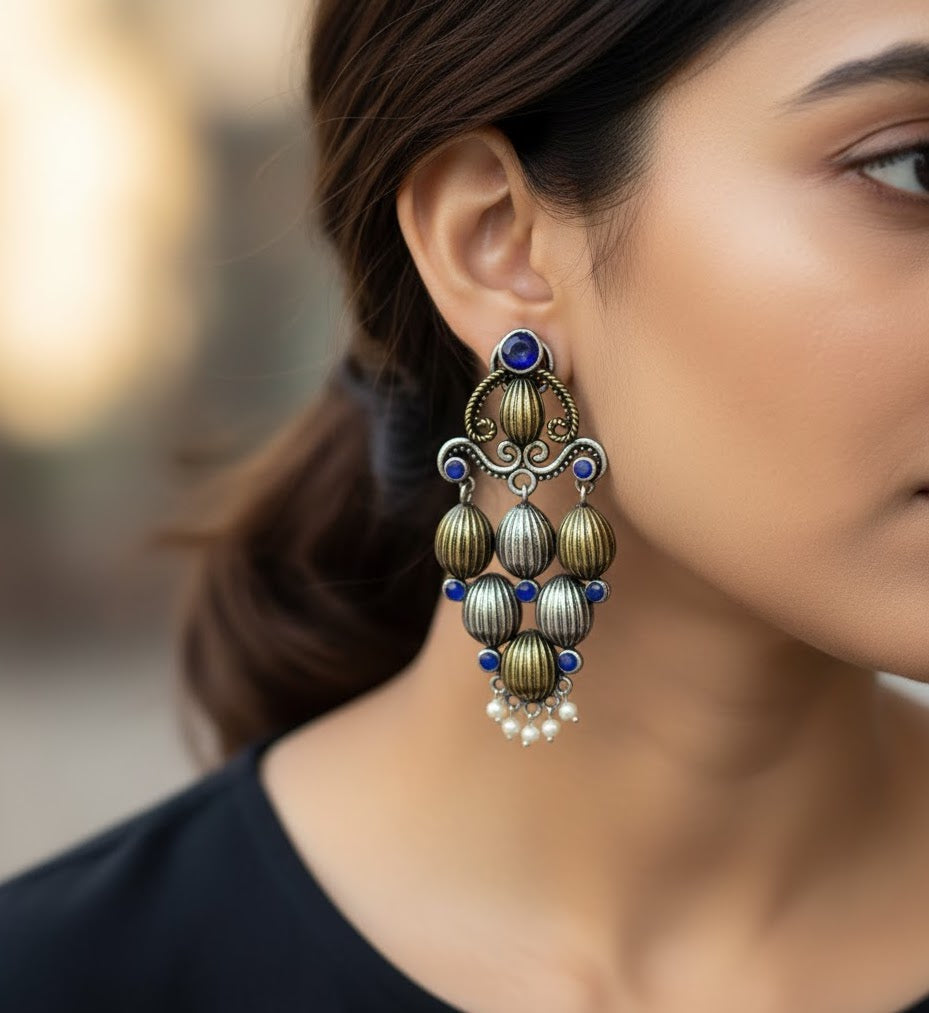 Blue Dual Tone Oxidised Earrings
