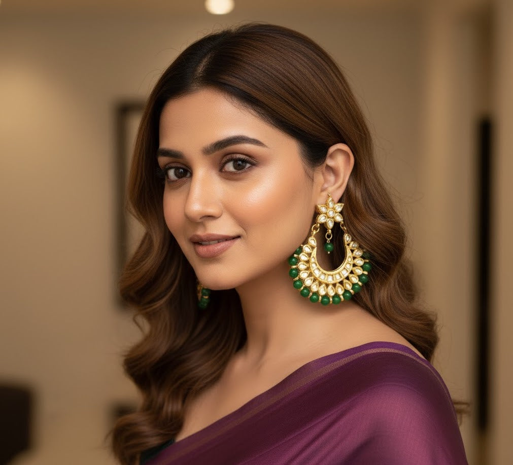 Green Kundan Chandbali Earrings