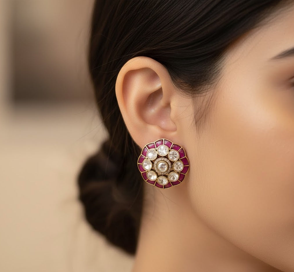 Pink Moissanite Kundan Polki Round Earrings
