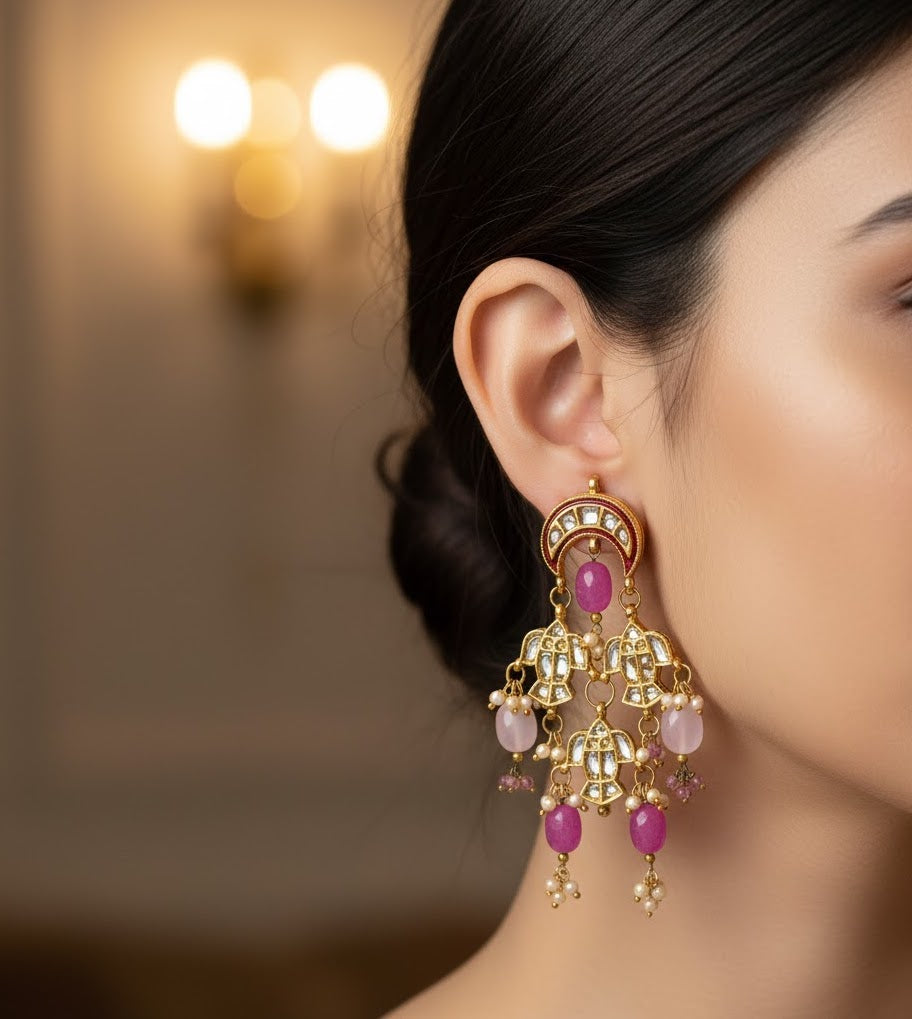 Pink Beaded Kundan Earrings