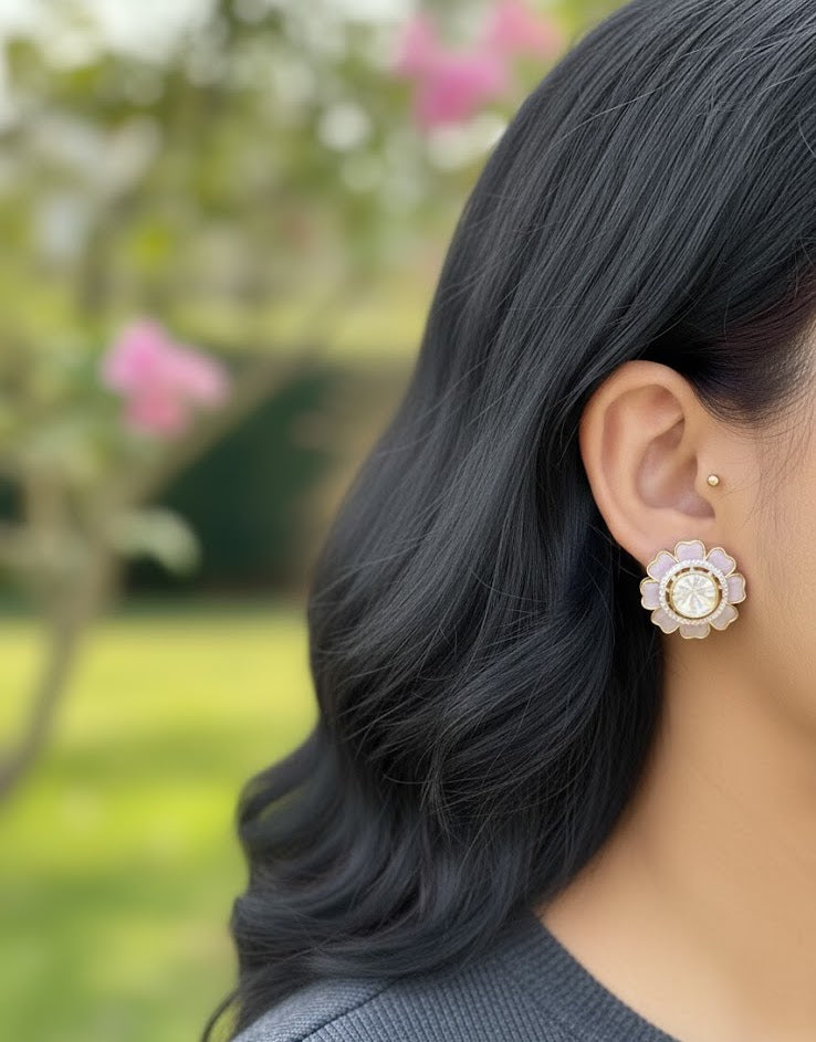 Pink Floral Meenakari Kundan Polki Earrings