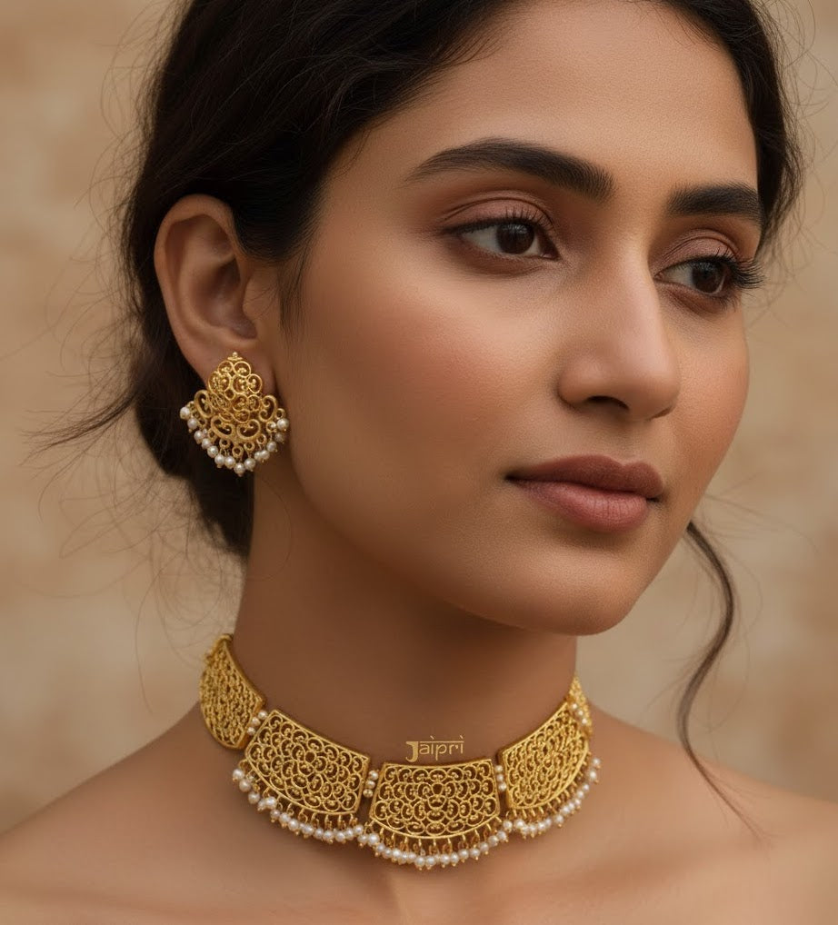 Designer Cutwork Gold Choker Necklace With Earrings