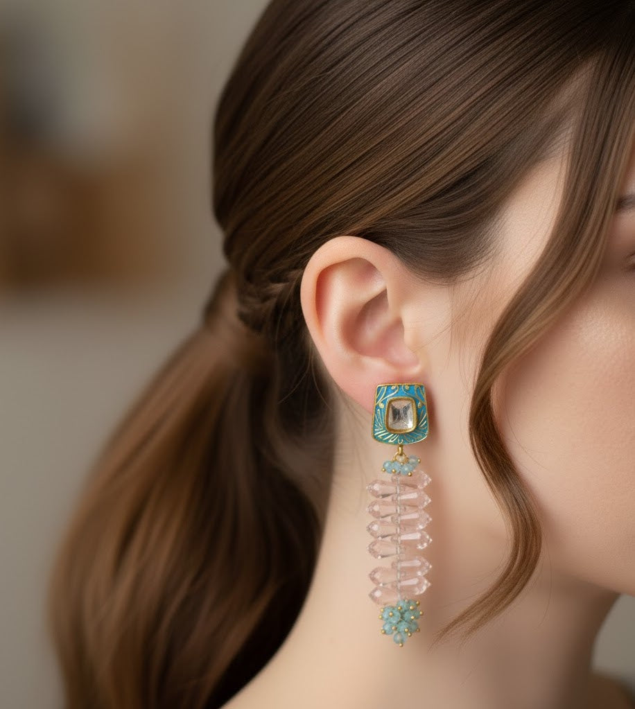 Turquoise Beaded Kundan Long Earrings