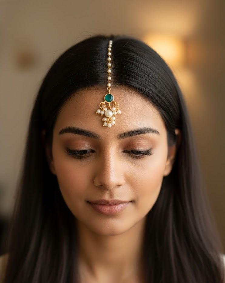 Green Round Stone Pearl Beaded Maang Tikka