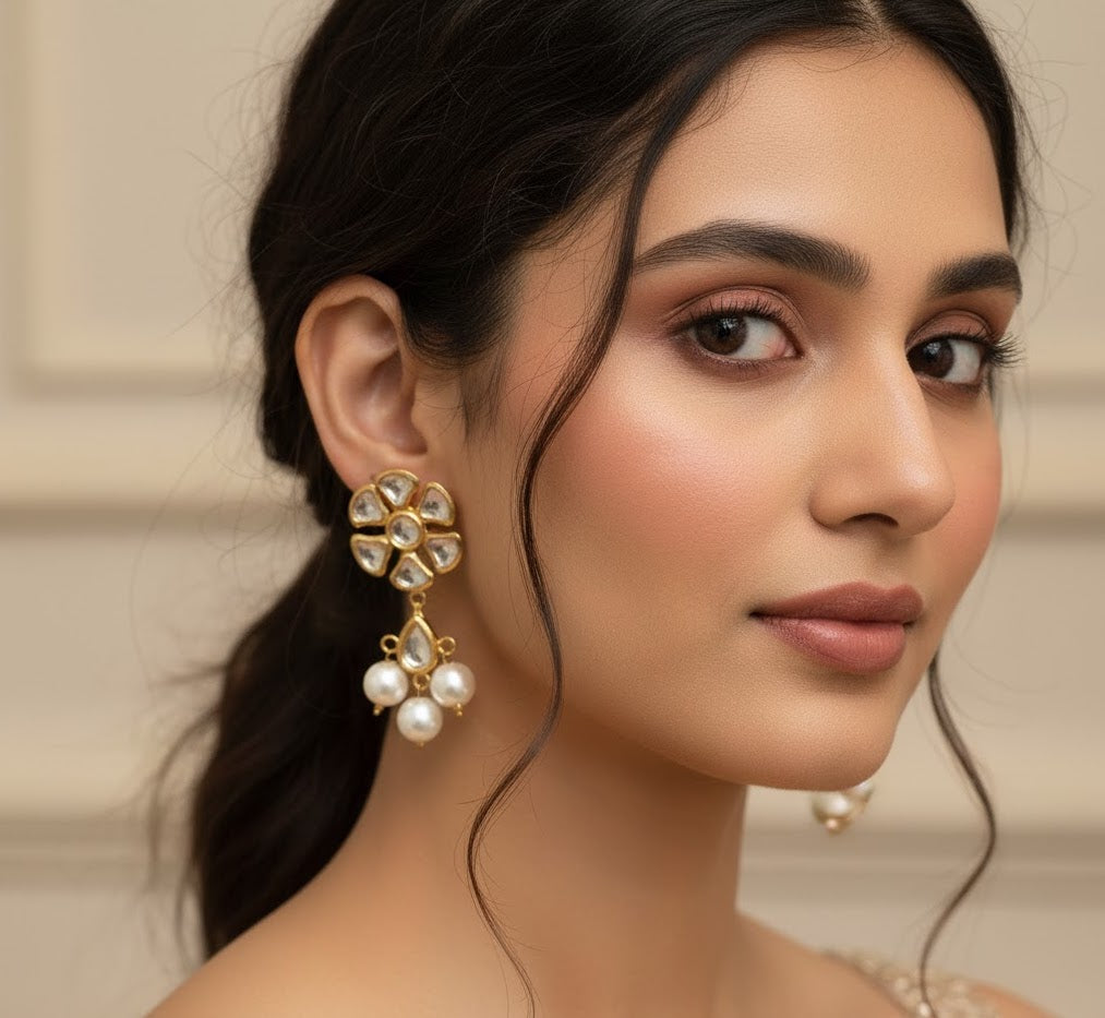 22k Gold Plated Kundan Pearl Earrings