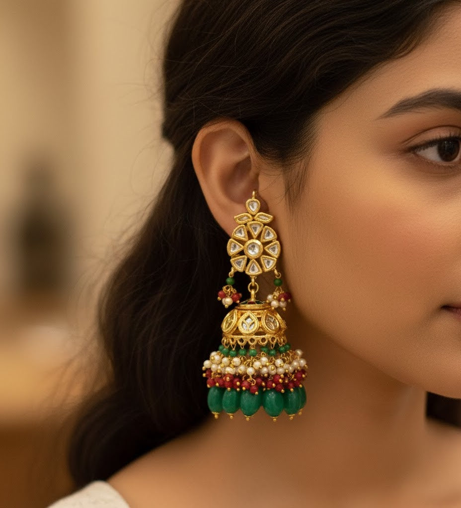 Multi Long Kundan Jhumki Earrings