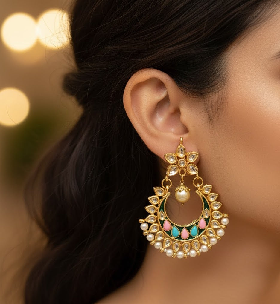 Pink Blue Stone Kundan Chandbali Earrings