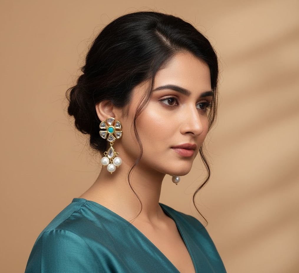 22k Gold Plated Turquoise Stone Kundan Earrings