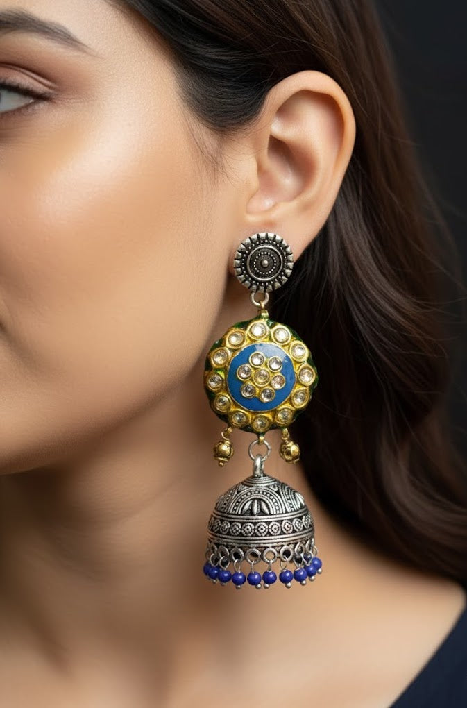 Blue Oxidised Silver Jhumki Earrings