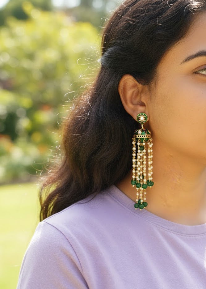 Dark Green Meenakari Long Pearl Jhumki Earrings