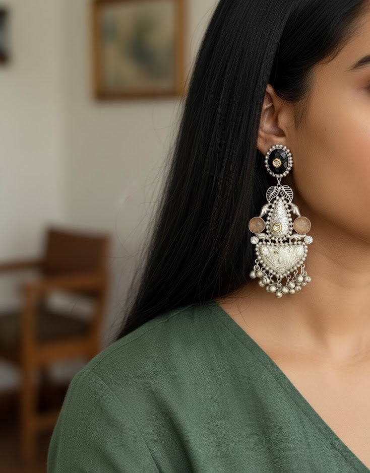 Black Stone Silver Look Alike Oxidised Long Earrings