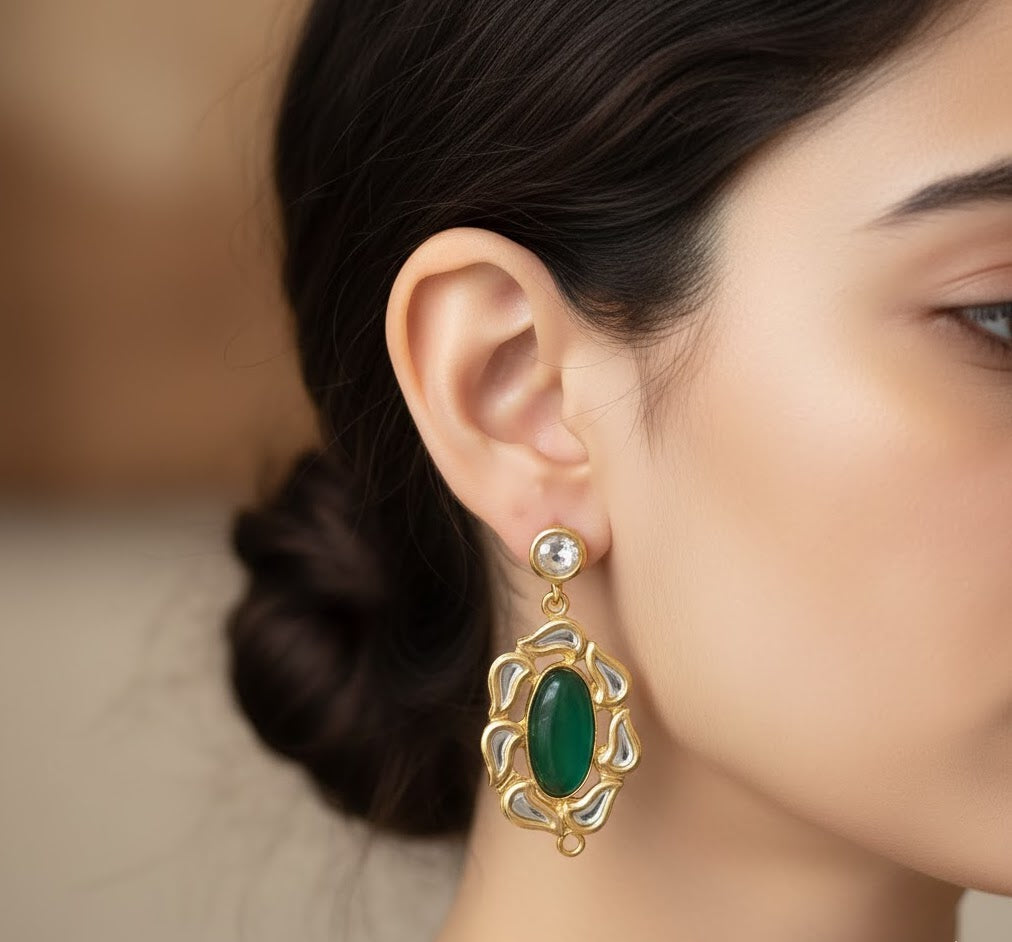 22k Gold Plated Emerald Stone Kundan Earrings