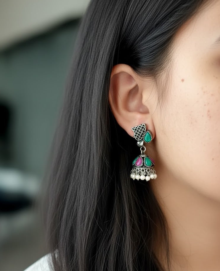 Red Green Stone Oxidised Silver Jhumki